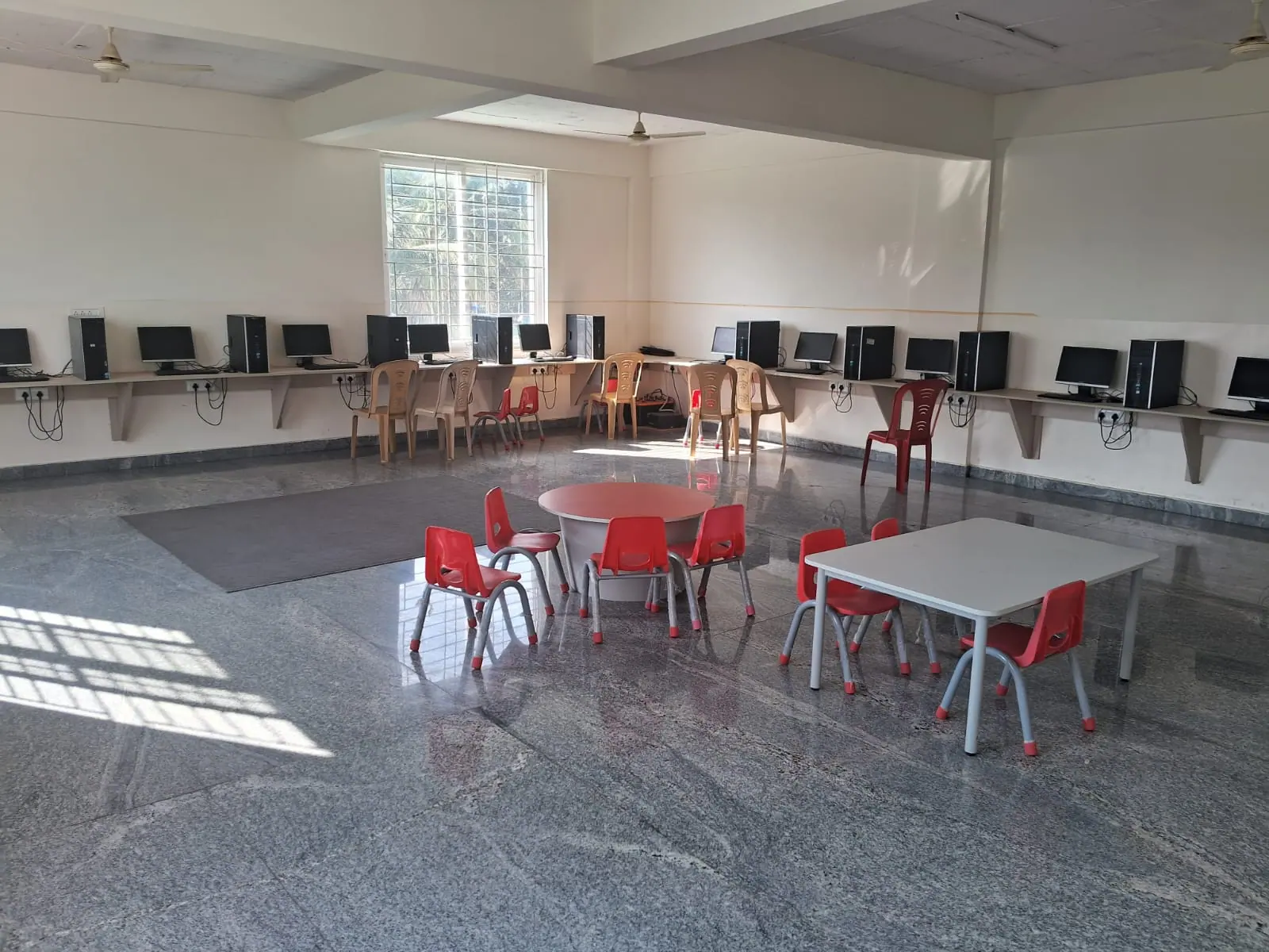 Computer lab with rows of desktop workstations