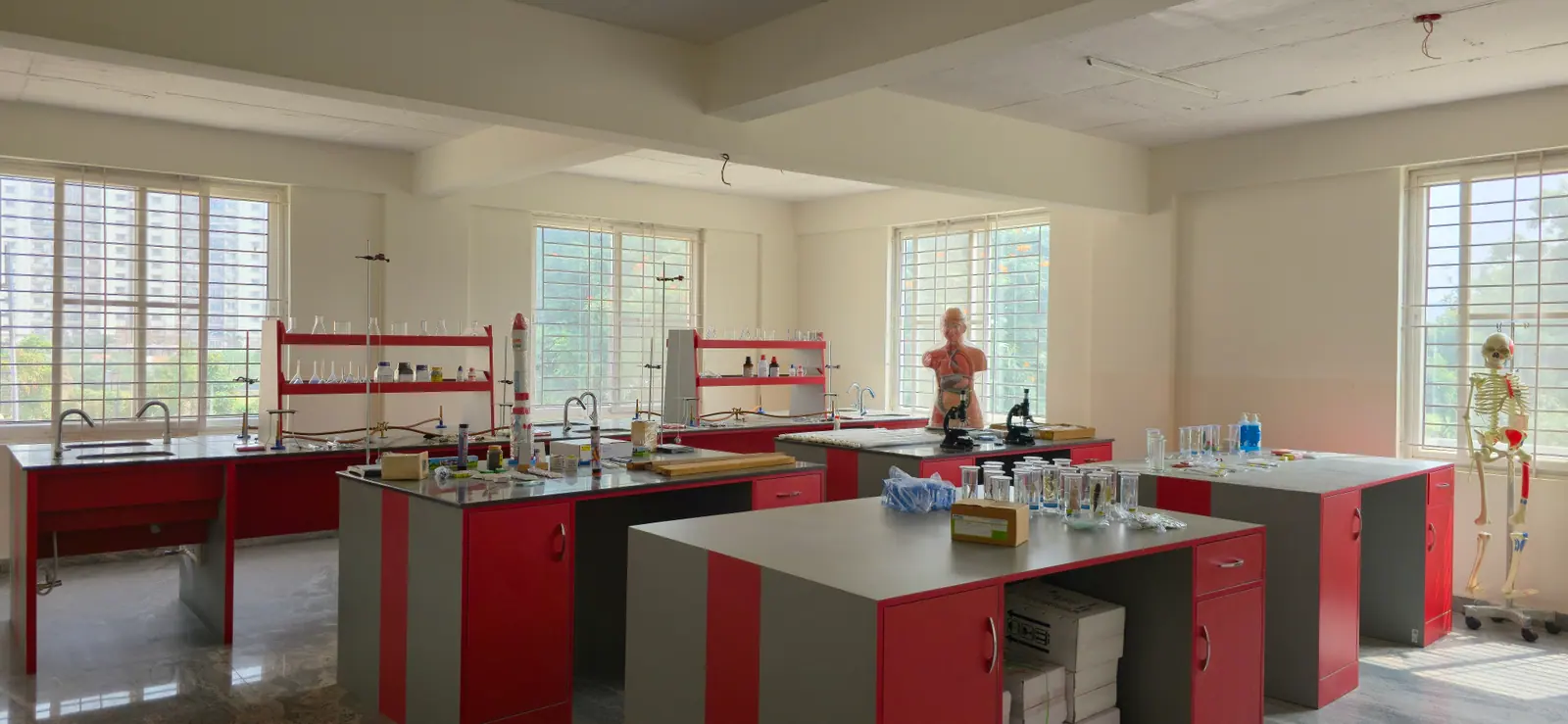 Science laboratory with workbenches