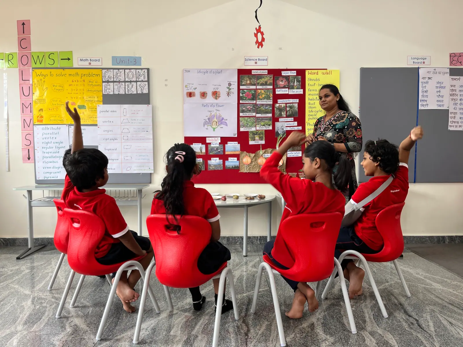 Students eagerly raising their hands during a classroom discussion