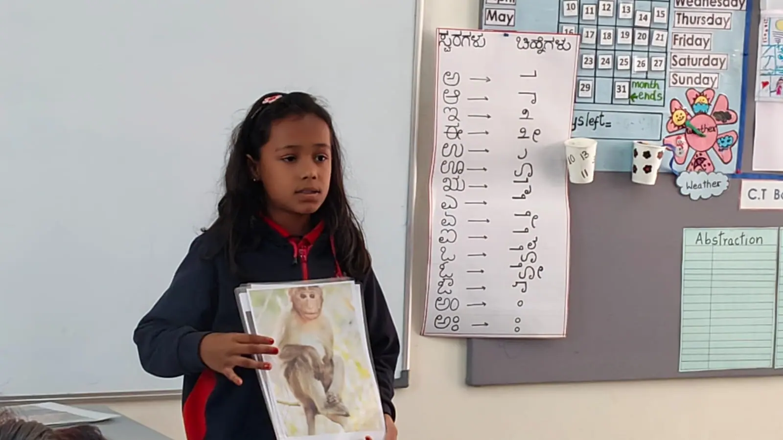 A student presenting to the class during a Kannada language lesson