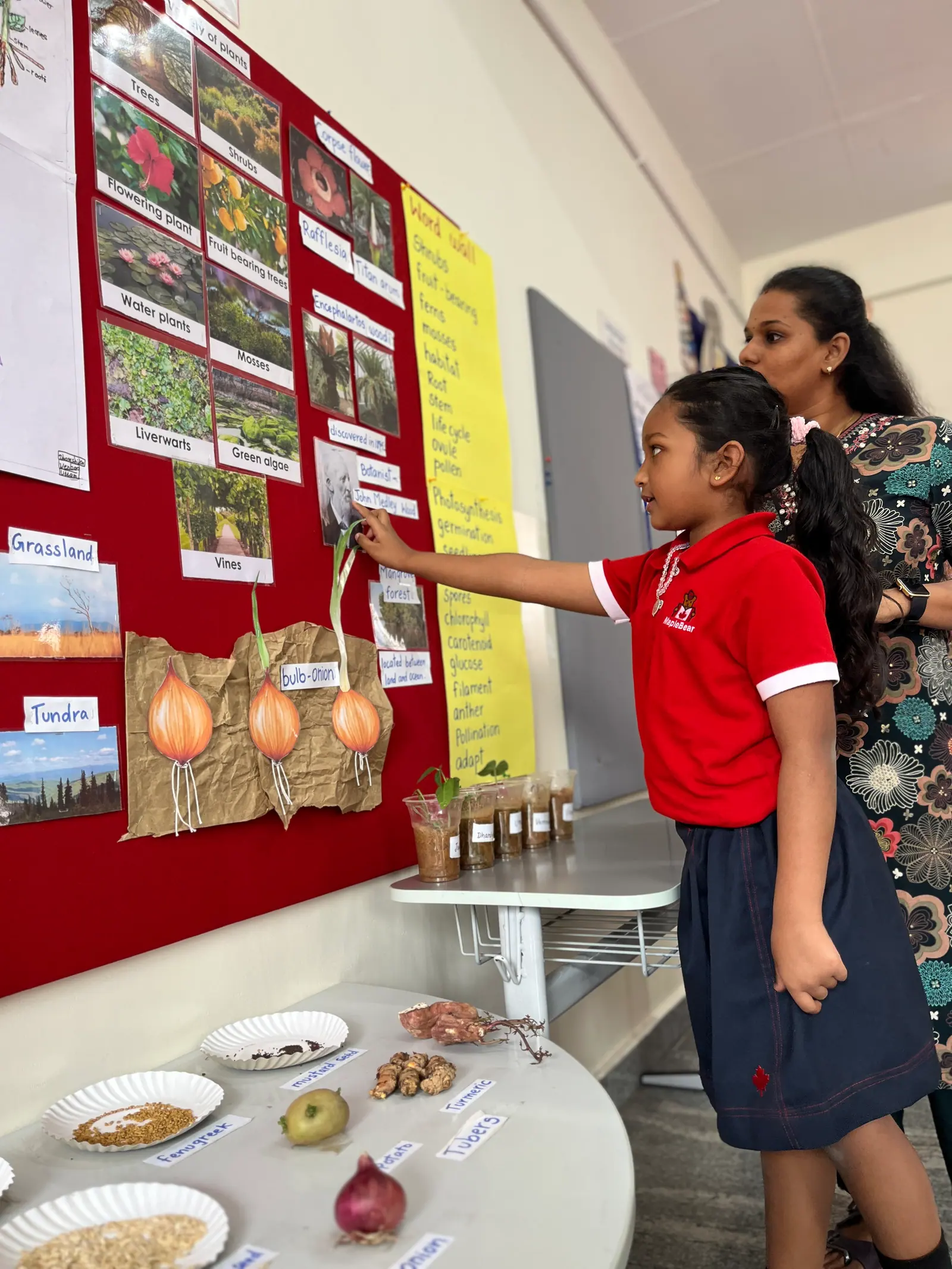 A student presenting a grains project chart to the class